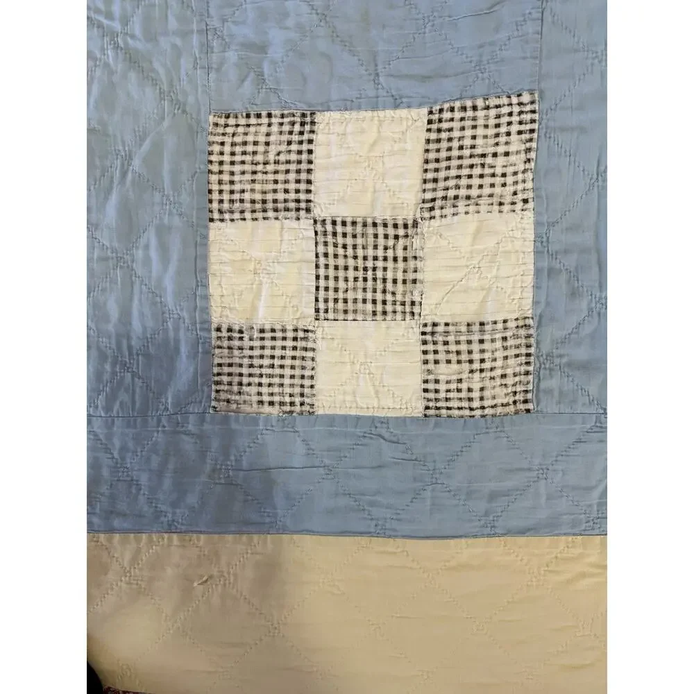 Vtg CottageCore Hand sown Patchwork Quilt 78x94 Reversible Yellow Distressed